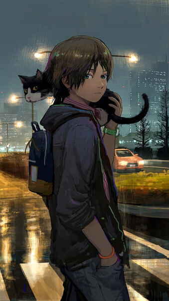 Anime Boy Cat Night City 4K Phone iPhone Wallpaper #524a