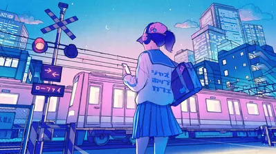 Anime Girl Art Train Night City Wallpaper iPhone Phone 4K #1470f