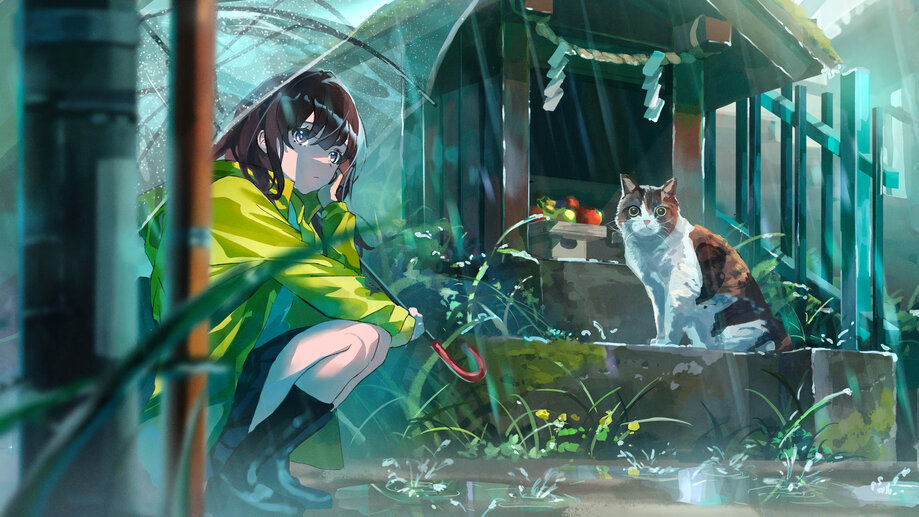 Anime Girl Cat Rain in Shrine 4K #3500h Wallpaper PC Desktop