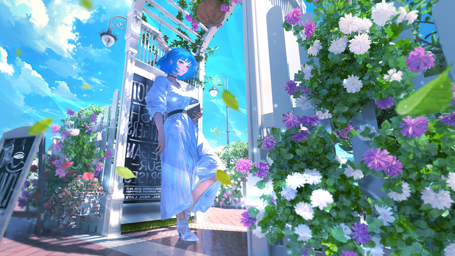 1785b | Anime, Girl, Flower, Garden, Short, Blue Hair, 4K Wallpaper ...