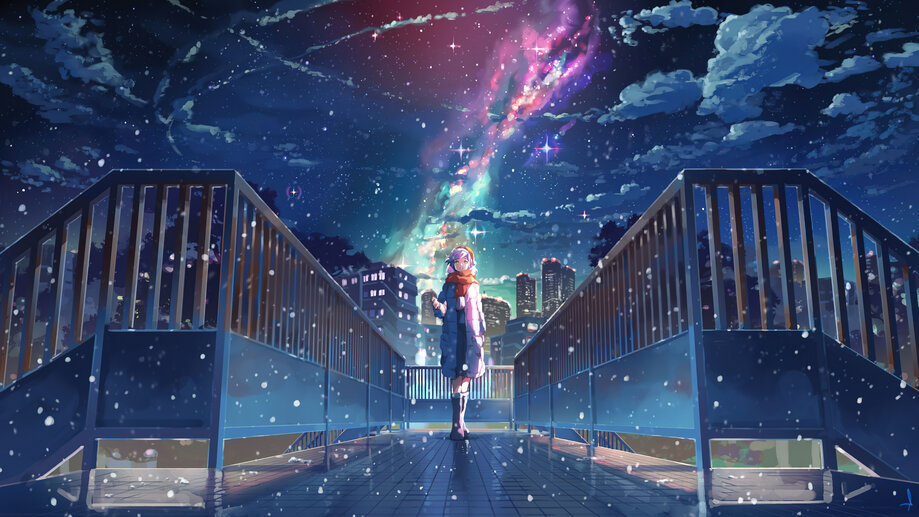 Anime Girl Silhouette Night City Stars Scenery 4K Phone iPhone Wallpaper  #864a