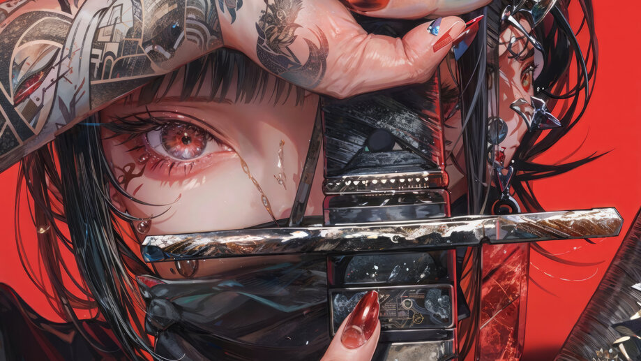 Anime Girl Red Eye Tattoo Sword 4K Wallpaper iPhone HD Phone #3100j