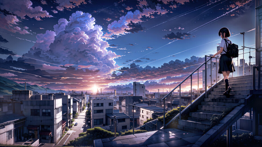 8K Anime School Girl Night Moon Lake Scenery Wallpaper #2800g