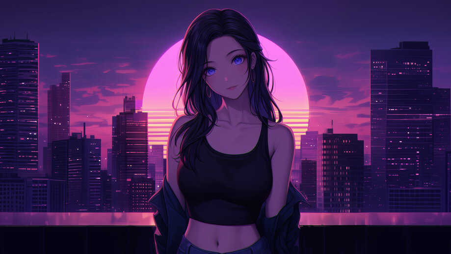 Anime Girl Synthwave City Wallpaper 4K 8K HD PC #2930j