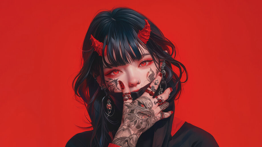 Anime Girl Tattoo Red Eyes 4K 8K #1292a Wallpaper iPhone Phone