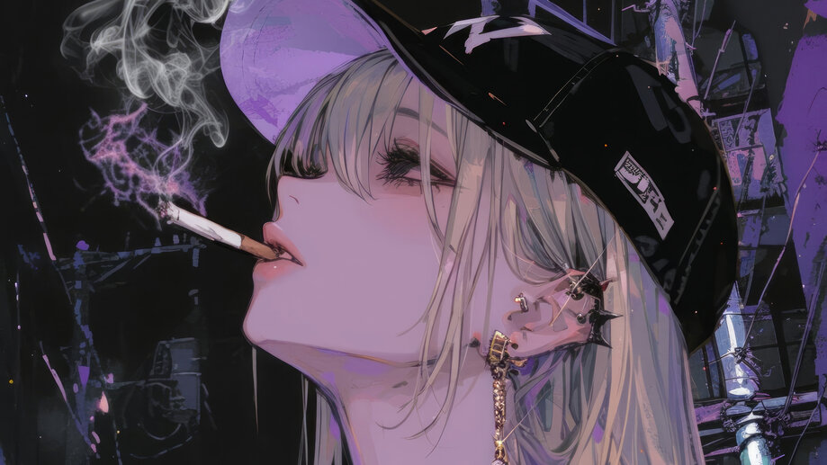 Anime Girl with Cap Smoking 4K #7120j Wallpaper PC Desktop