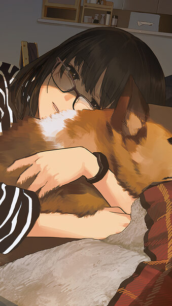 Anime Girl with Glasses Hugging Corgi Dog Wallpaper 4K #2890g