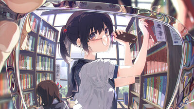 Anime School Girl Glasses Library Wallpaper 4K #240h