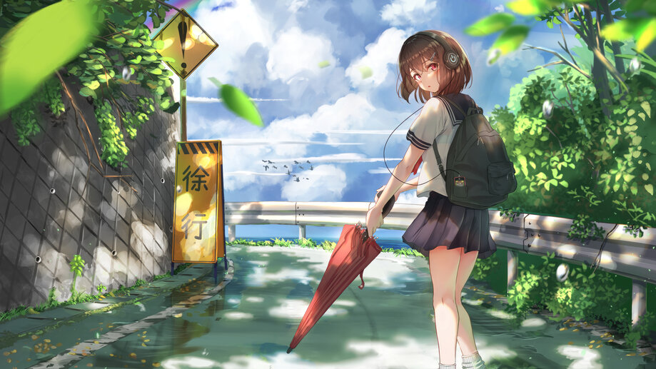 8K Anime School Girl Night Moon Lake Scenery Wallpaper #2800g