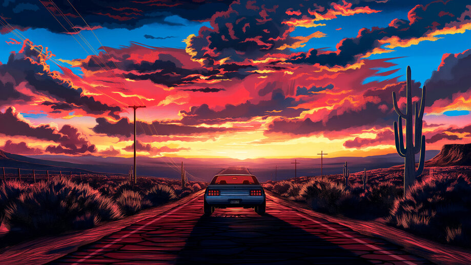 Car On Road Sunset Scenery 4K #6580j Wallpaper iPhone Phone