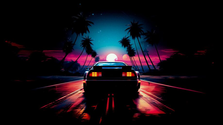 Car Outrun Moon Synthwave 4K #2810j Wallpaper PC Desktop