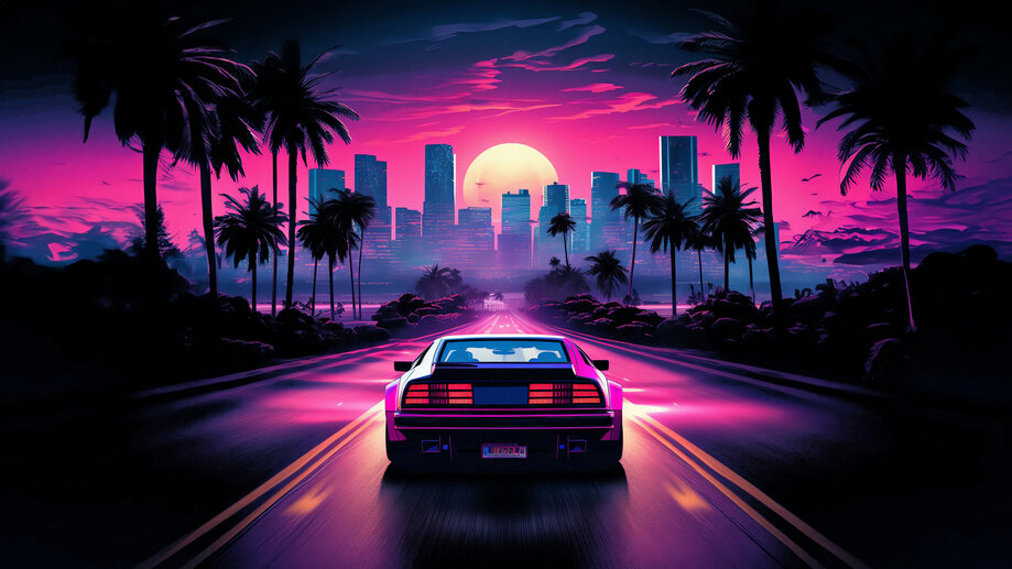 Outrun Wallpaper 4K, Neon, Dark background, Purple