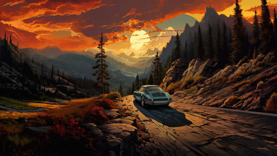 Car Road Forest Sunset Mountain 4K #8781m Wallpaper iPhone Phone