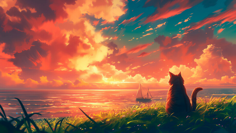 Cat Sunset Ocean Scenery Art 4K #1463a Wallpaper iPhone Phone