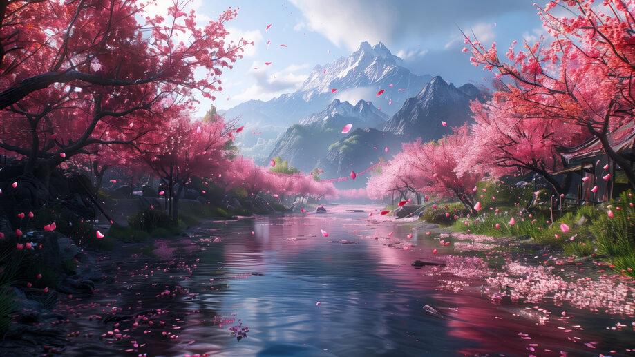 Cherry Blossom Mountains River 4K #6730j Wallpaper PC Desktop