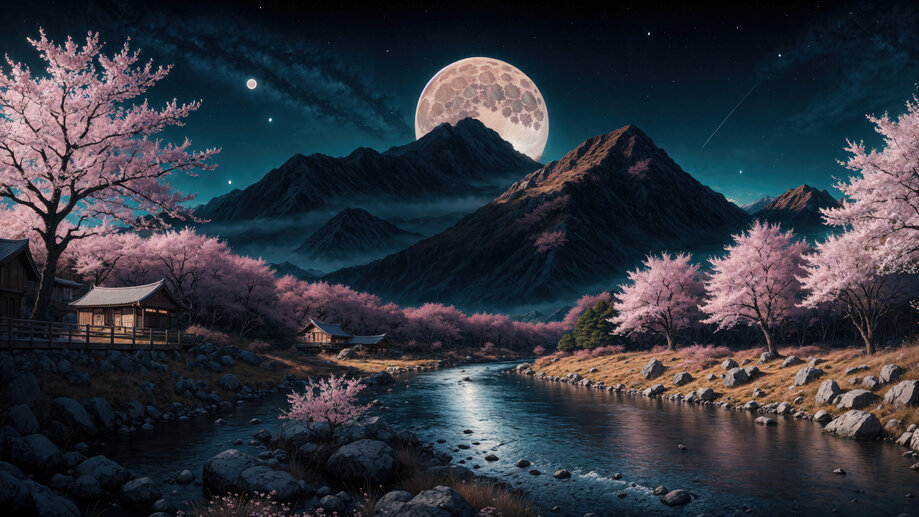 Chinese House Night Moon Scenery 4K Wallpaper iPhone HD Phone #8371m