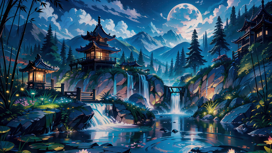 Chinese House Night Moon 4K #8371m Wallpaper PC Desktop