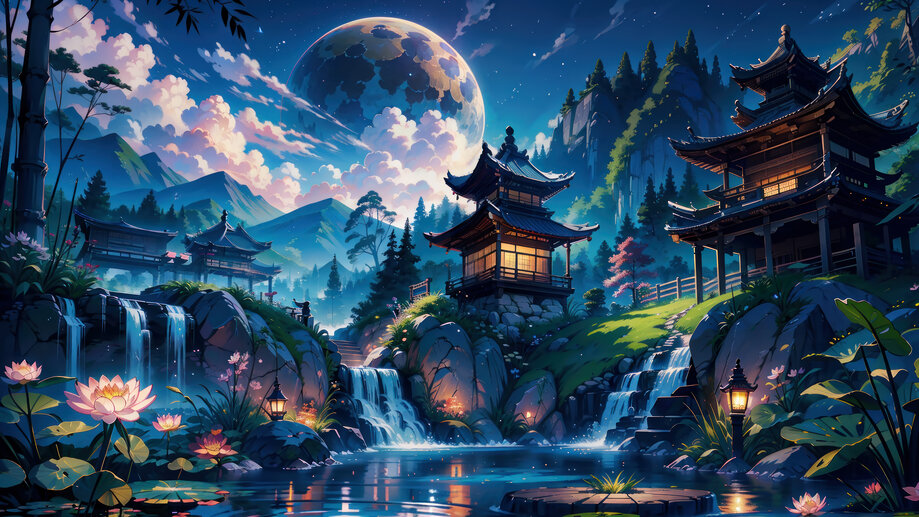 Chinese House Night Moon 4K #8381m Wallpaper PC Desktop