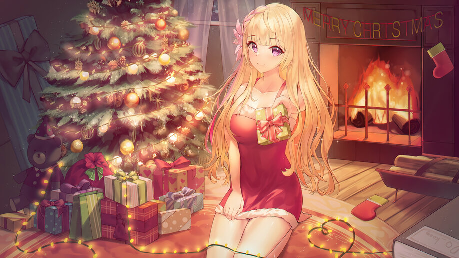 Anime girls with gifts, girls, anime, hat, gifts, HD wallpaper