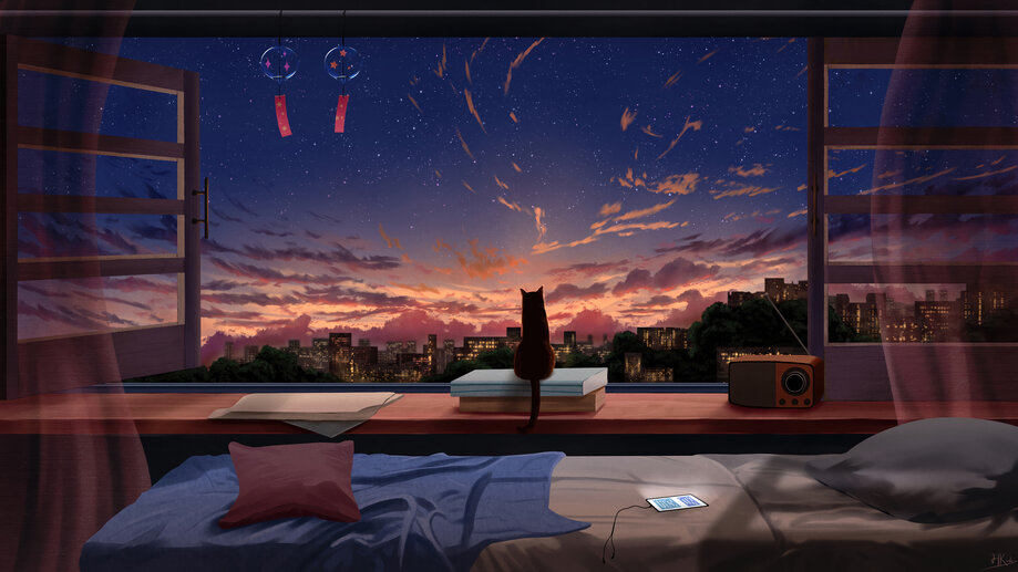 82b | City, Cat, Sunset, Scenery, Window, Cat, 4K Wallpaper PC Desktop