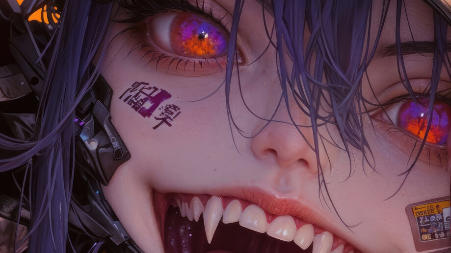 Cyberpunk Anime Girl with Fangs 4K #1362a Wallpaper iPhone Phone