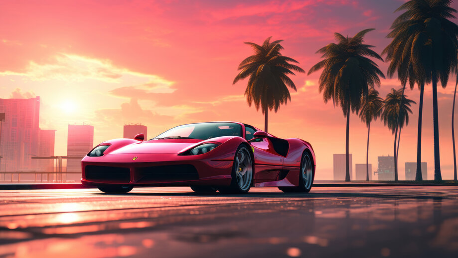 Ferrari Sports Car Sunset Palm 4K #7341l Wallpaper PC Desktop