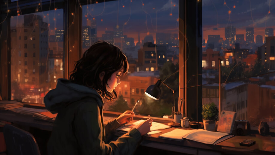 Girl Studying Night City 4K #6981k Wallpaper PC Desktop