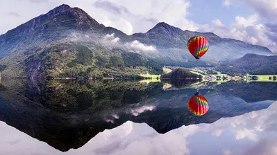 Mountain Lake Hot Air Balloon Reflection Scenery Wallpaper 4K HD PC #4410f