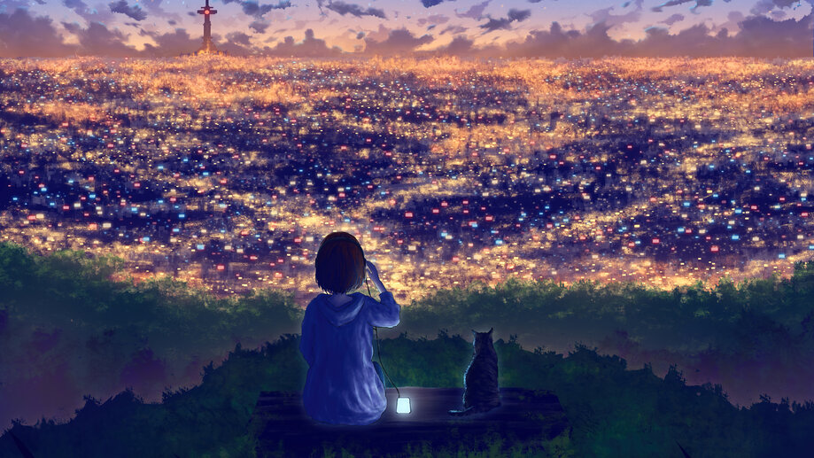 8K Anime School Girl Night Moon Lake Scenery Wallpaper #2800g