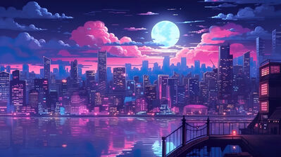 Anime Computer Background 16:9 City Skyline Moon Open Sky - Etsy
