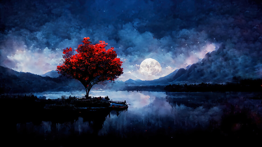 8K Anime School Girl Night Moon Lake Scenery Wallpaper #2800g