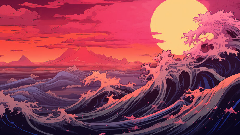 Ocean Wave Sunset Japanese Art 4K #8761m Wallpaper PC Desktop