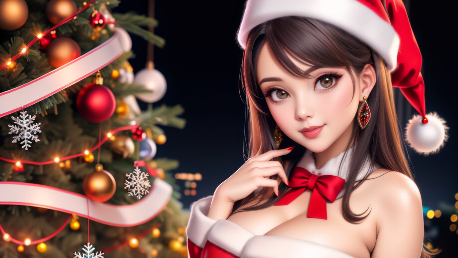 Christmas Tree Gifts Anime Santa Girl 4K Wallpaper iPhone HD Phone