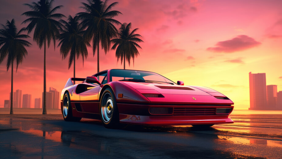 Sports Car In A Futuristic Mountain Sunset Wallpaper 8K