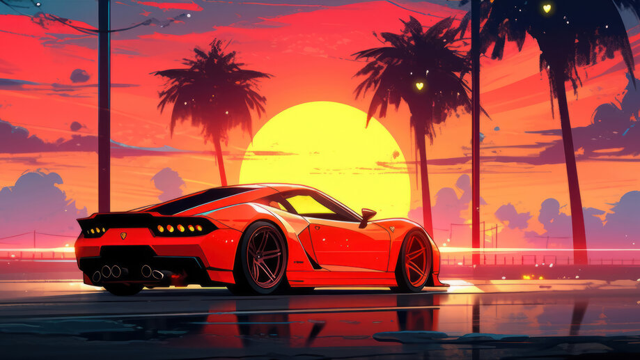 Sports Car Sunset Palm Trees 4K #3331m Wallpaper PC Desktop