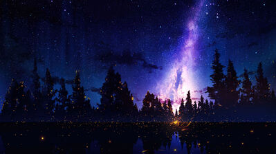 prompthunt: anime key visual of a beautiful moonlit forest lake surrounded  by flowers, with mountains in the background, cumulonimbus clouds in the  sky, night time, anime style