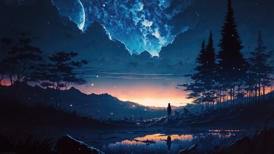 Night Moon Lake Tree Mountain Clouds Scenery 4K Wallpaper iPhone HD Phone  #6831k