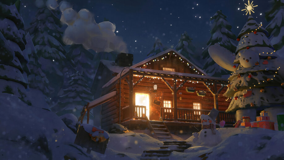 Winter Cabin Christmas Tree 4K #8580i Wallpaper PC Desktop